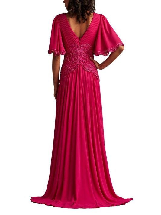 Vestido Largo Bordado Manga Corta