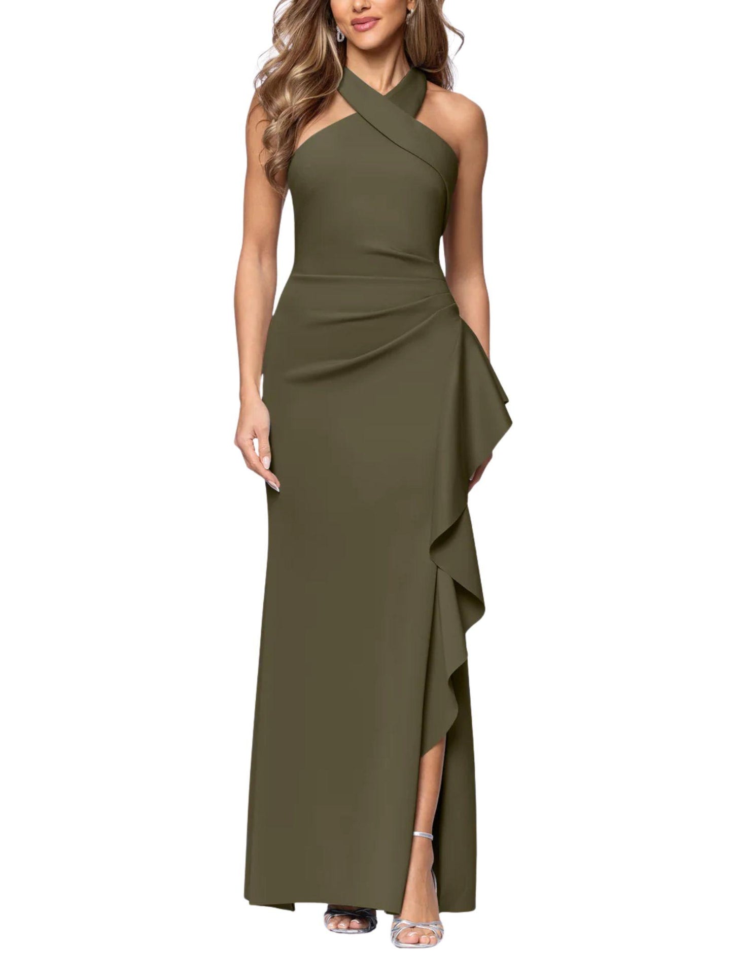 Vestido largo halter cruzado verde olivo con volante lateral