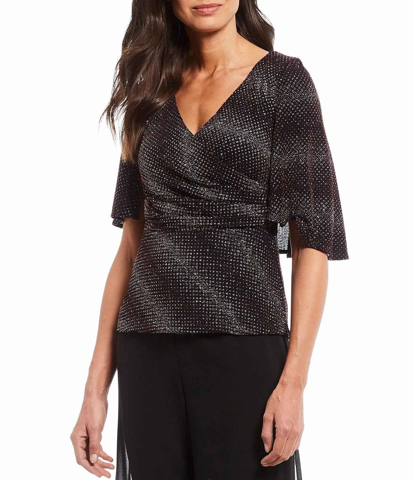 Blusa de gliter plata con rojo tornasol con manga capa - Escorpio Boutique