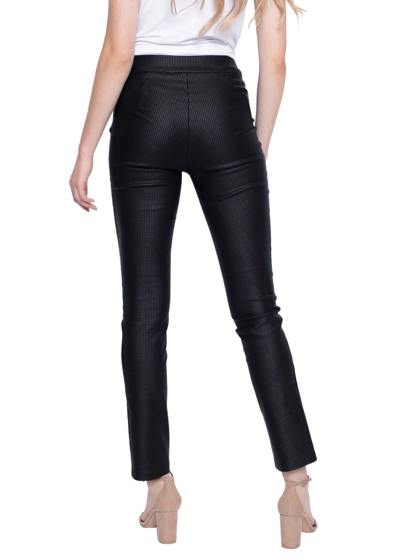 Pantalón recto con print de pata de gallo metalico.