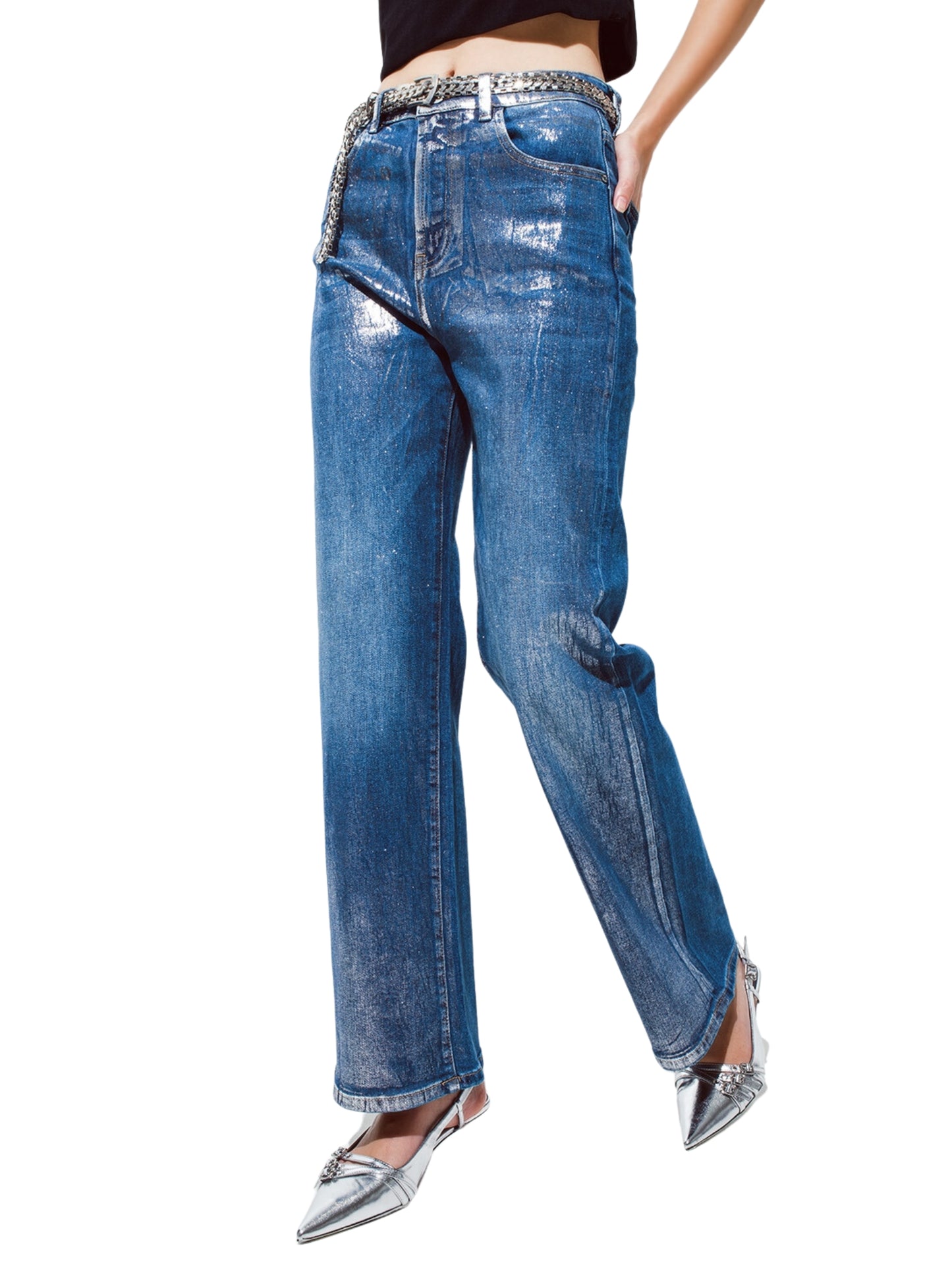 Jeans rectos en denim metálico.