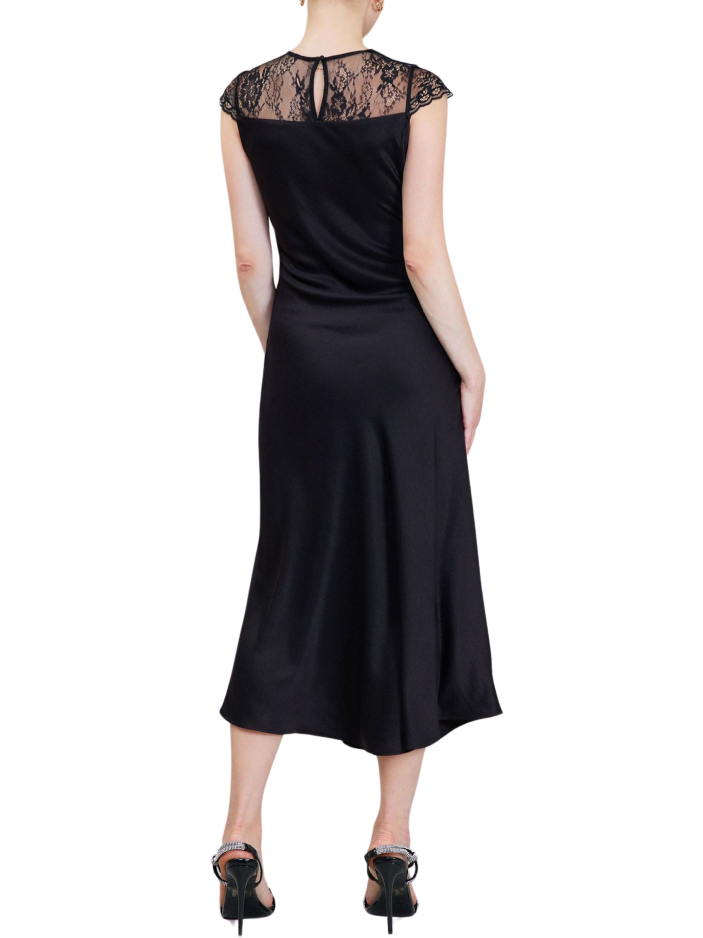 Vestido midi de manga corta en satin con encaje
