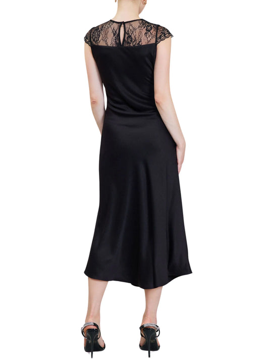 Vestido midi de manga corta en satin con encaje - Escorpio Boutique