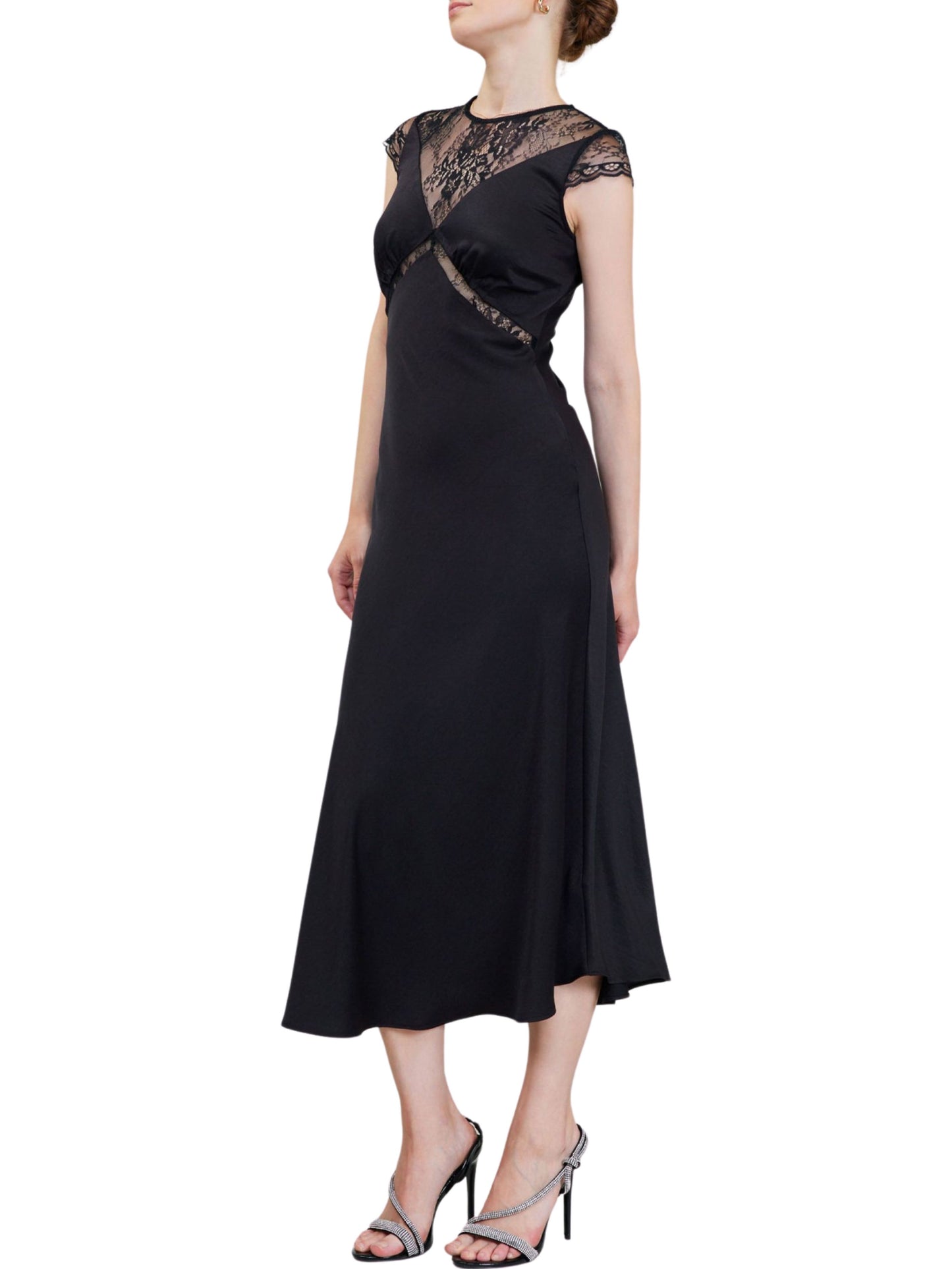 Vestido midi de manga corta en satin con encaje