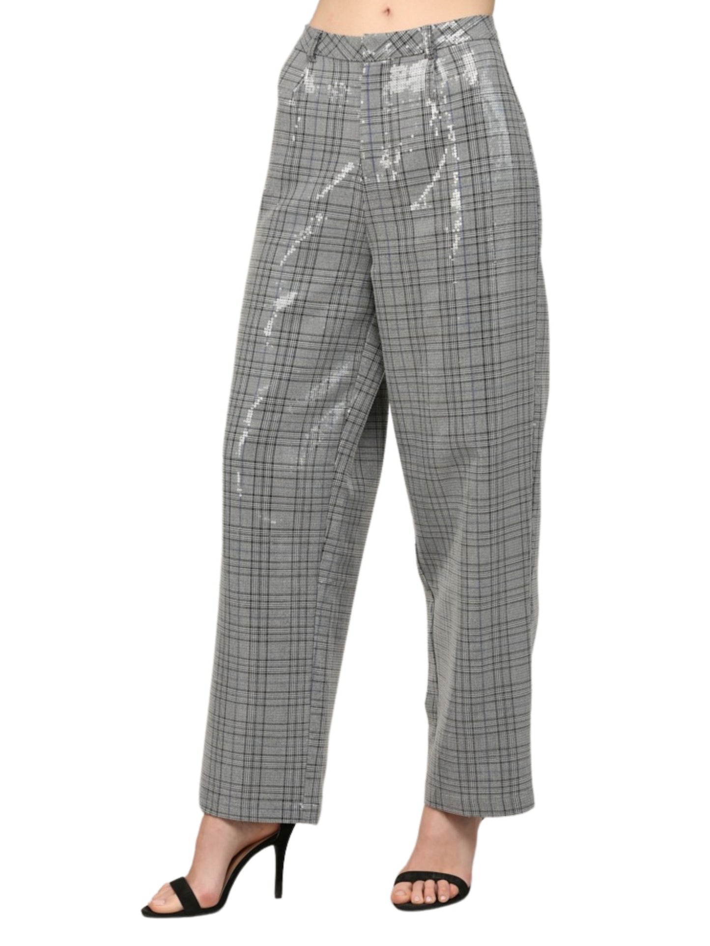 Conjunto de chaleco y pantalón en tartán con lentejuela traslúcida.