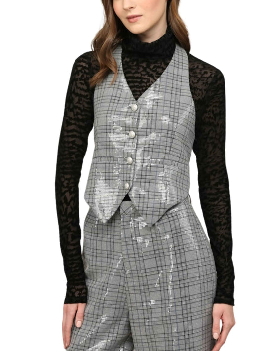 Conjunto de chaleco y pantalón en tartán con lentejuela traslúcida. - Escorpio Boutique