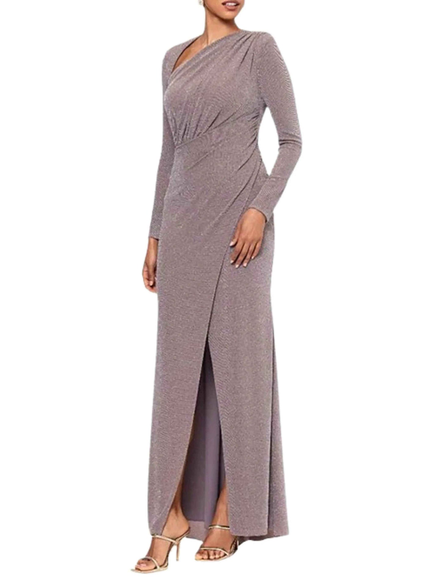 Vestido largo de fiesta plateado con manga larga y abertura frontal elegante para mujer