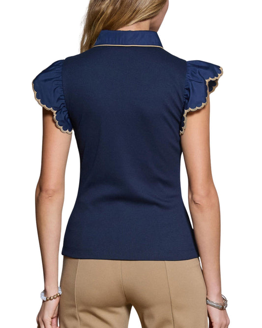 Blusa azul marino elegante con manga escarola