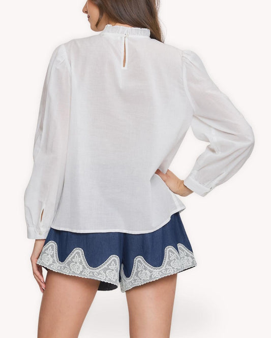 Blusa de algodón con encaje detalle posterior con pechera calada, entredós vertical y cuello con volante