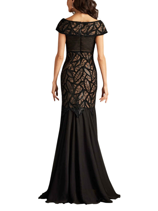 Vestido Largo Bordado de Manga Corta – Tadashi Shoji - Escorpio Boutique