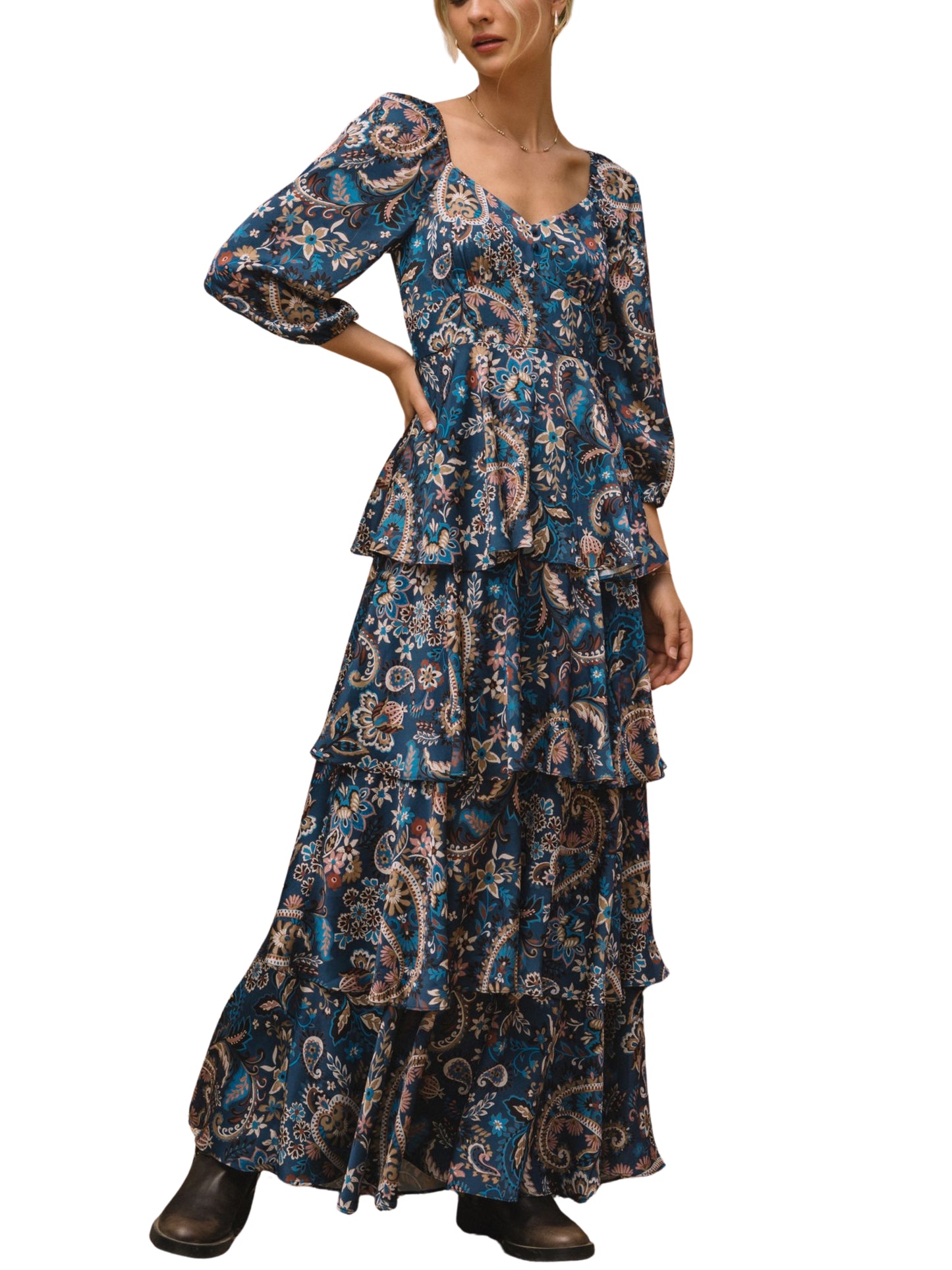 Maxi Vestido Multicolor Satinado con Olanes y Escote en V