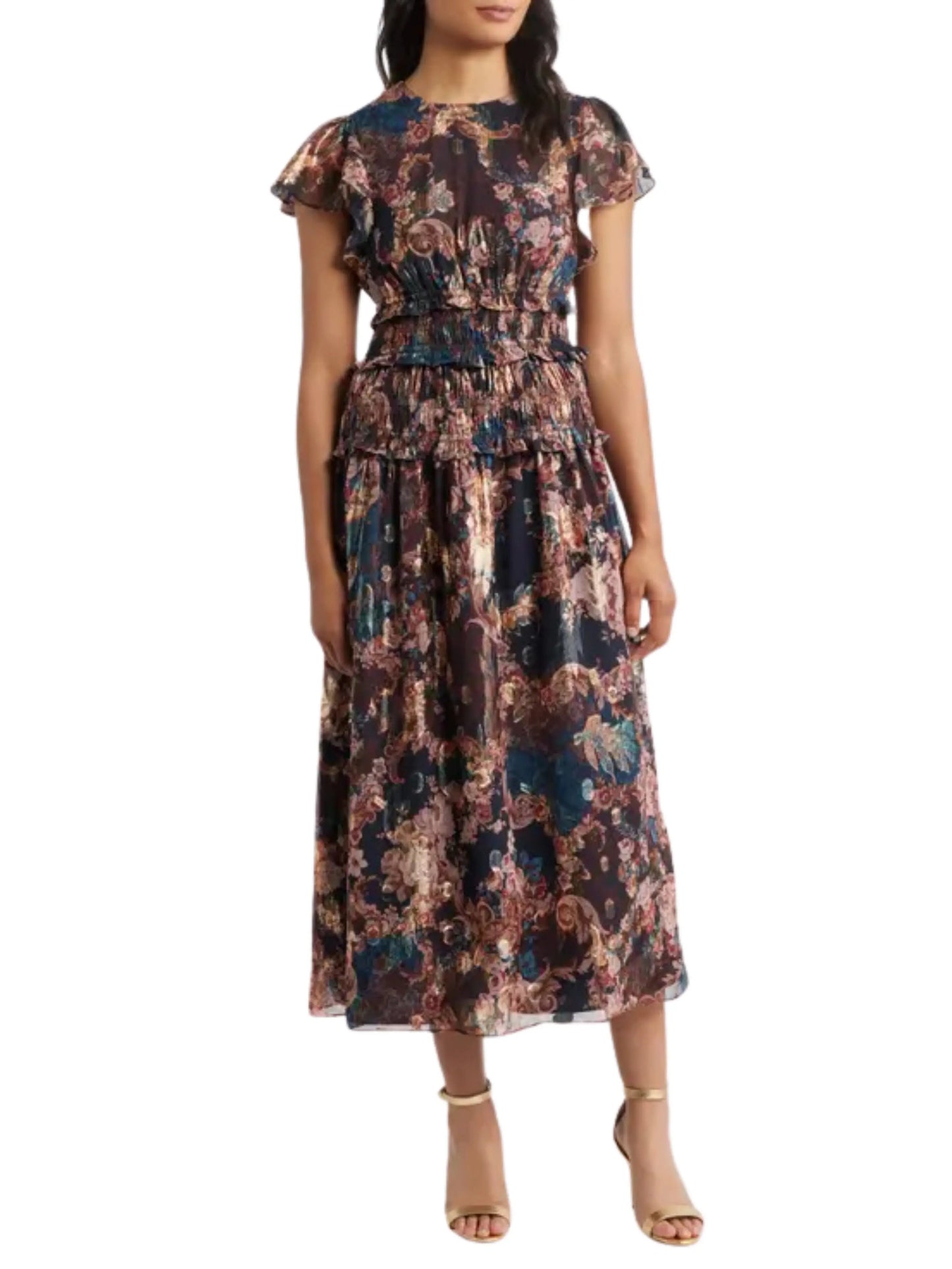 Vestido Midi Metálico de Manga Corta - Escorpio Boutique