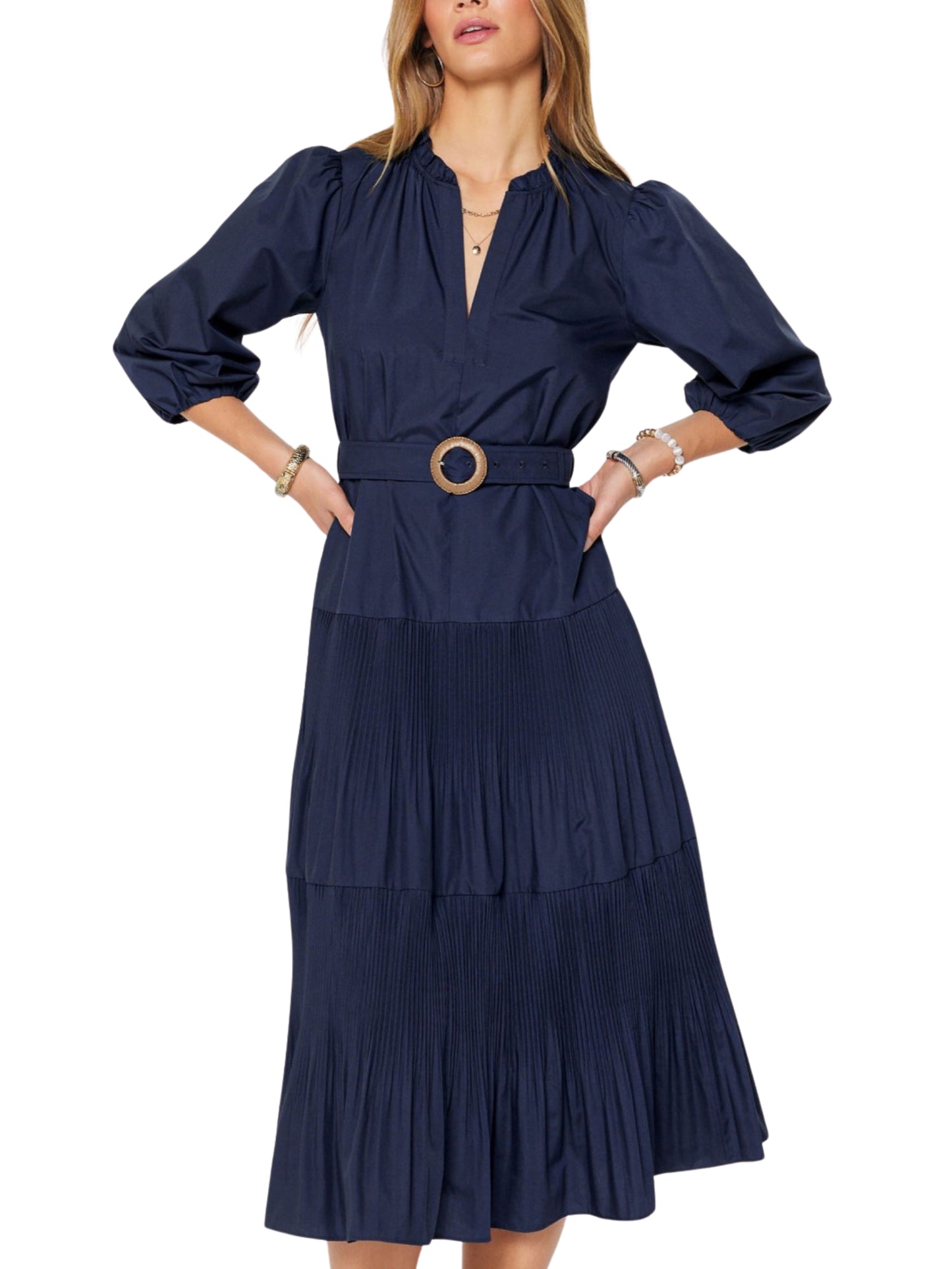 Vestido Midi Plisado de Manga Corta - Escorpio Boutique