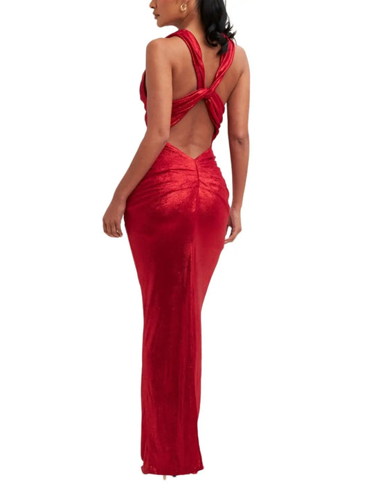 Vestido largo metálico con espalda descubierta. - Escorpio Boutique