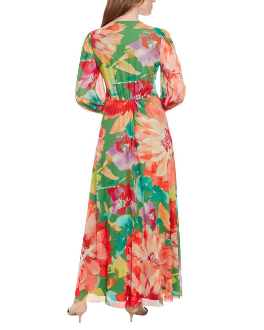 Vista trasera de maxi vestido floral manga larga mesh