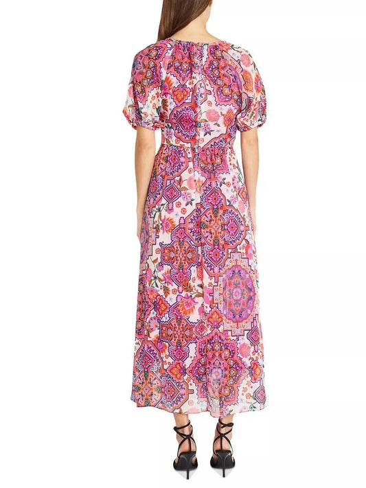 Vestido midi de manga corta con cuello en V- Donna Morgan - Escorpio Boutique