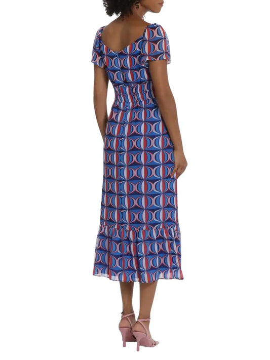 Vestido midi de manga corta con print retro - Escorpio Boutique