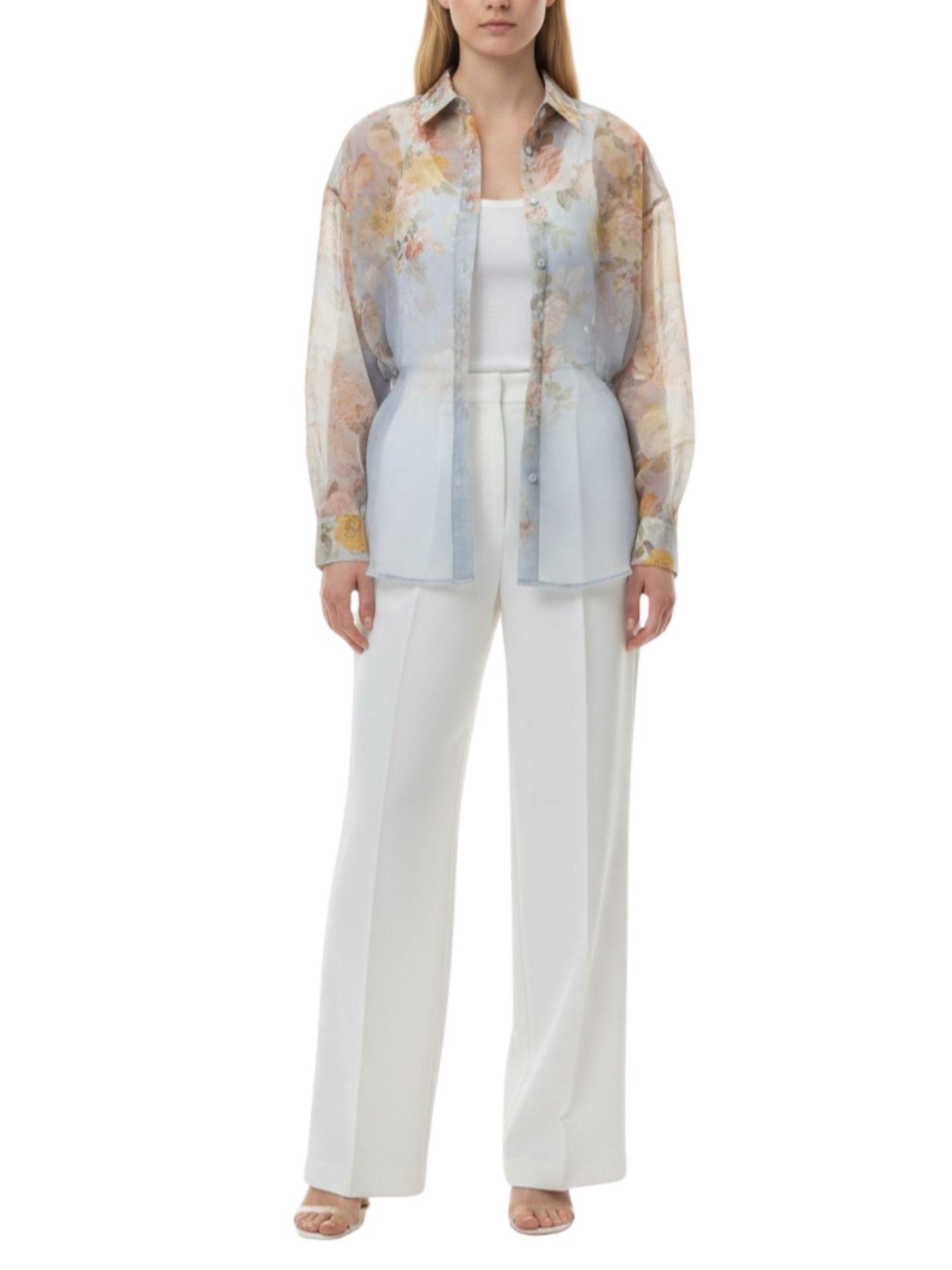 Blusa Organza Floral Azul Blush de manga larga y silueta relajada