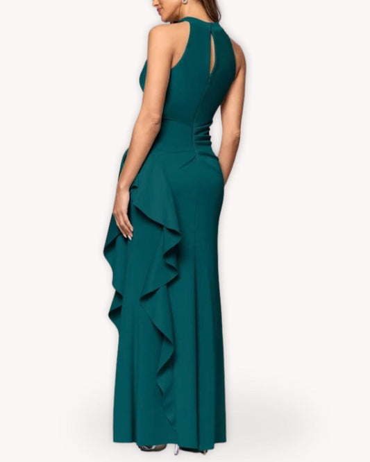 Vestido Gala Halter Verde Esmeralda con escote cruzado y silueta estilizada
