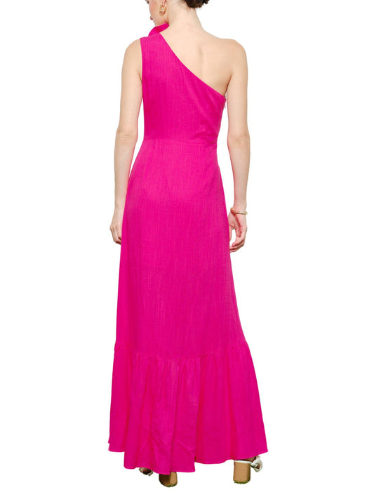 Espalda de Vestido Largo Lino Flor 3D color fucsia