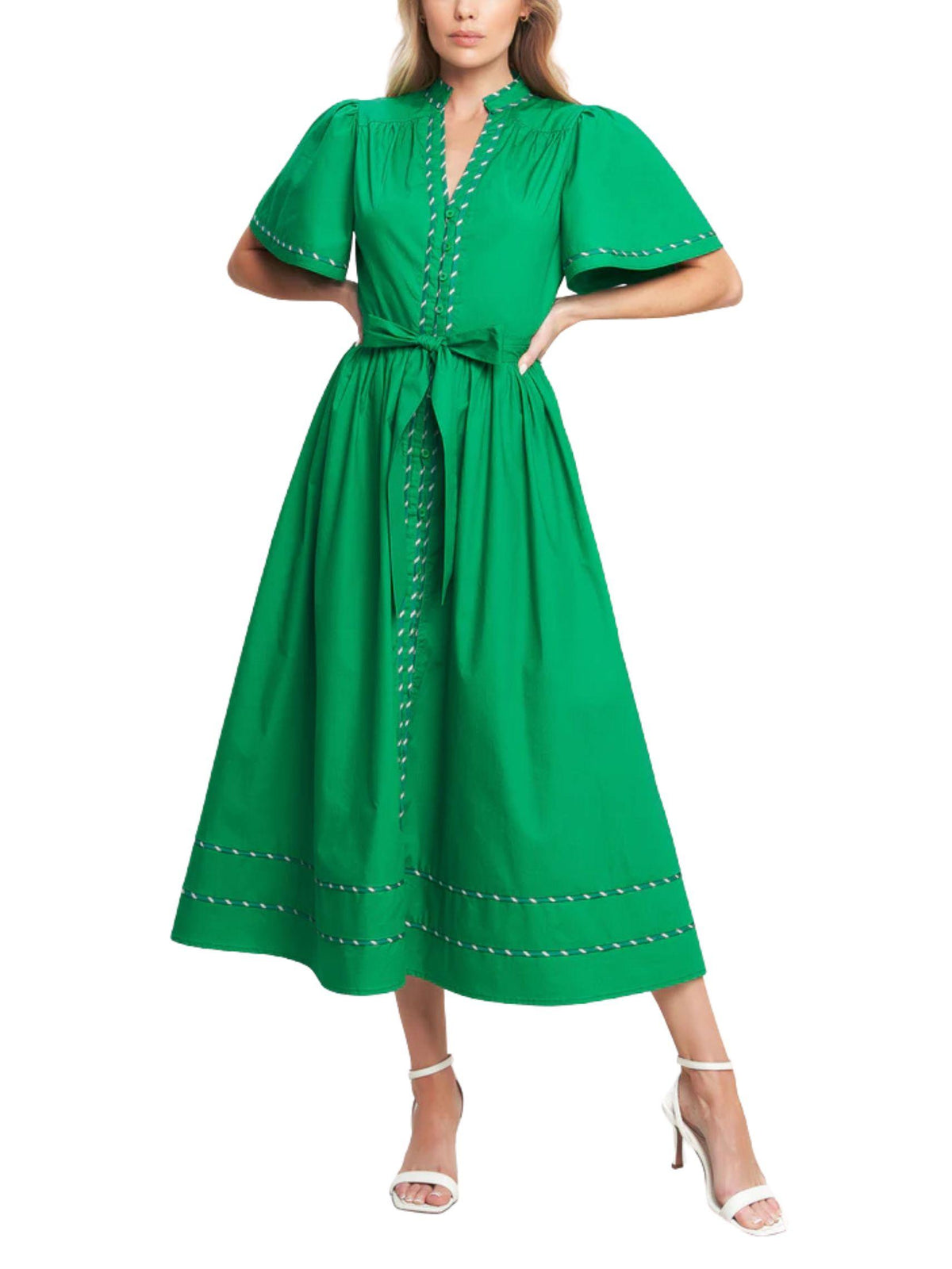 Vestido midi verde de algodón con manga corta tipo globo y cinturón, vista frontal.