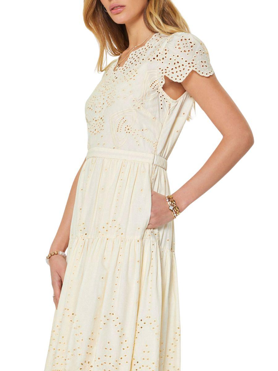 Vestido Midi Manga Corta con Ojillos