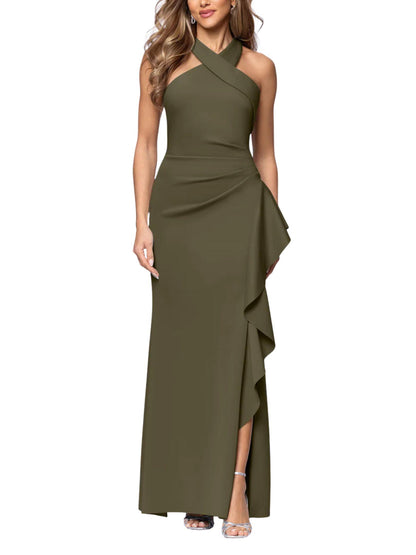 Vestido largo halter cruzado verde olivo con volante lateral