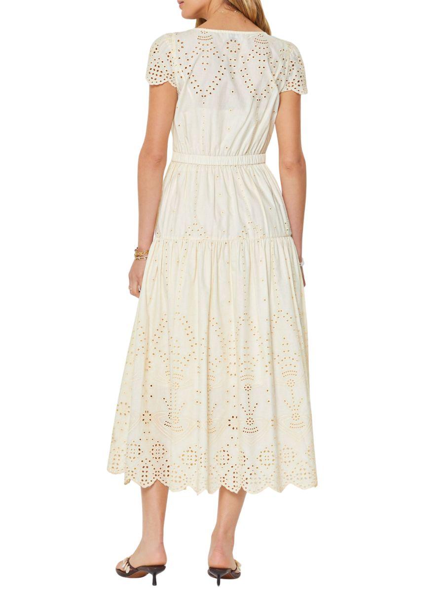 Vestido Midi Manga Corta con Ojillos