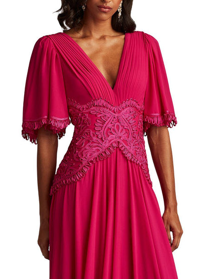 Vestido Largo Bordado Manga Corta