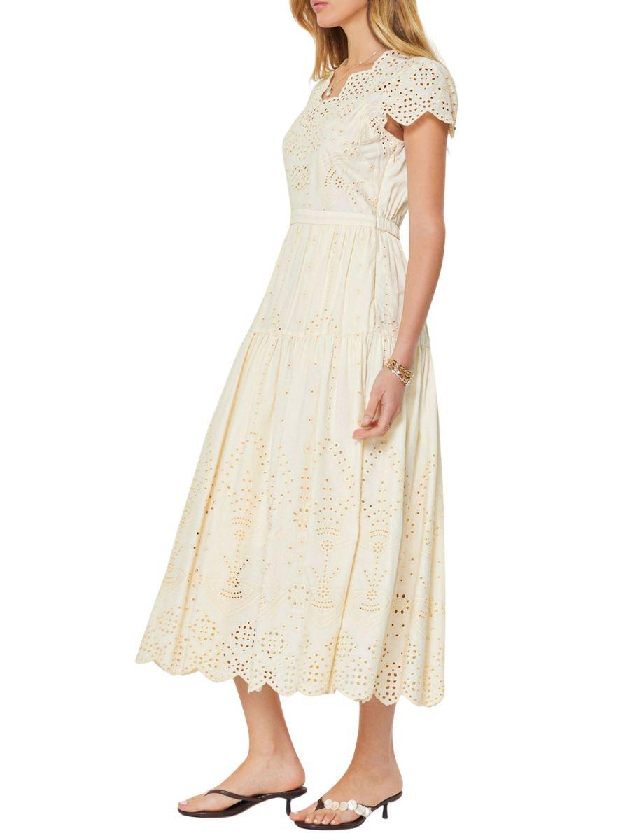 Vestido Midi Manga Corta con Ojillos