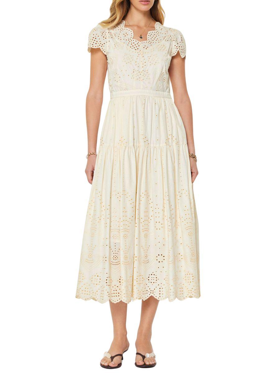 Vestido Midi Manga Corta con Ojillos