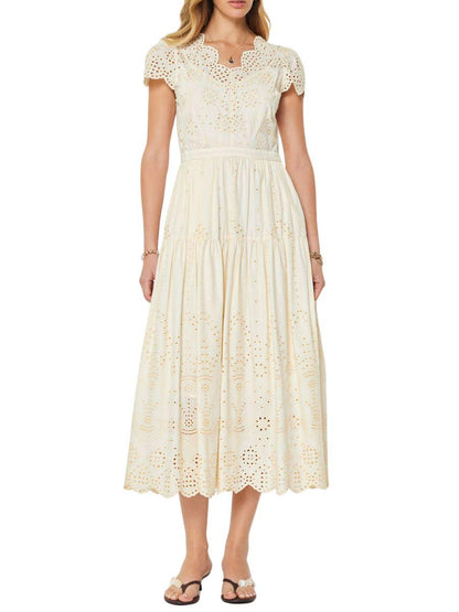 Vestido Midi Manga Corta con Ojillos
