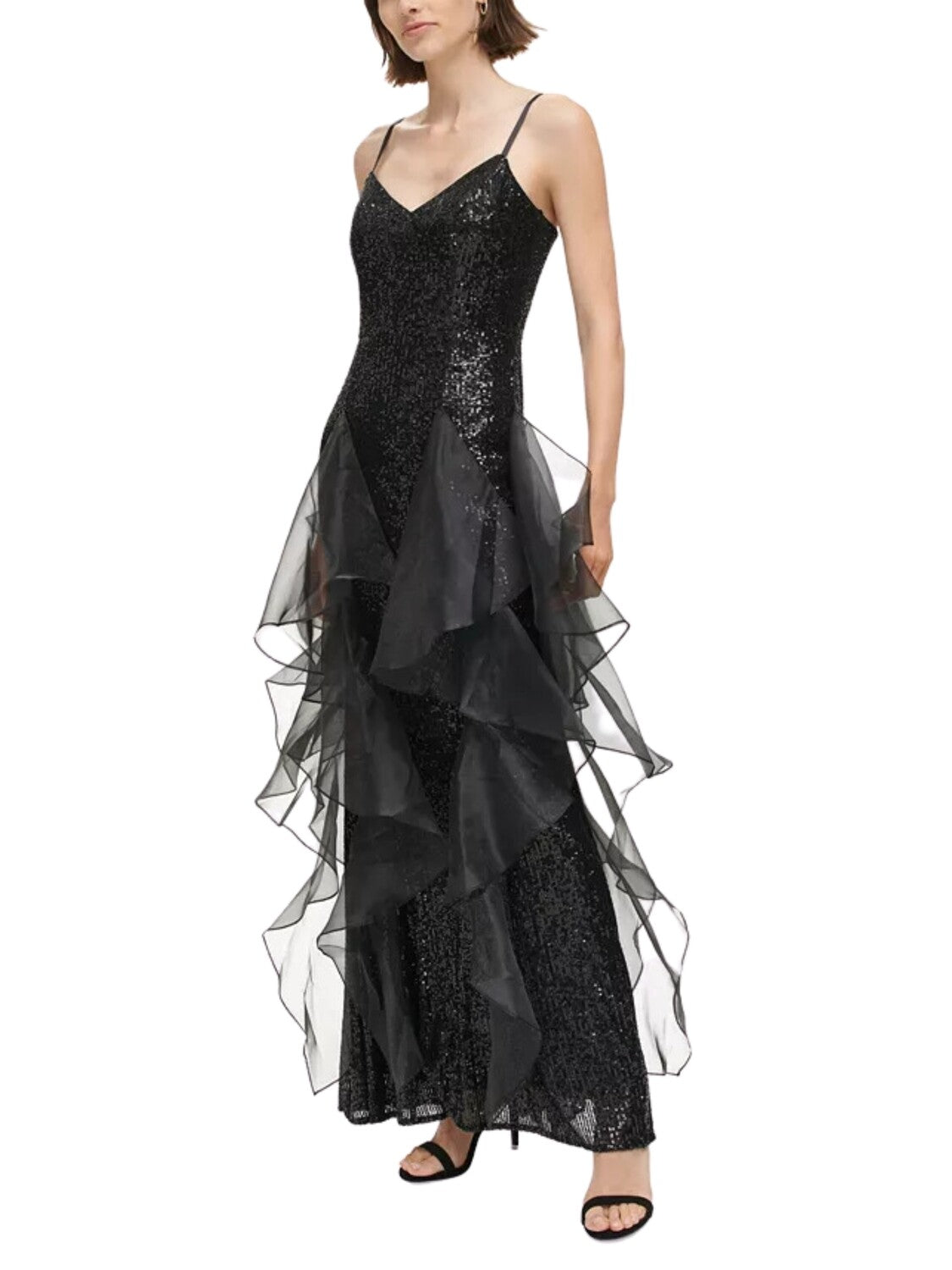 Vestido largo de lentejuela con tirantes.