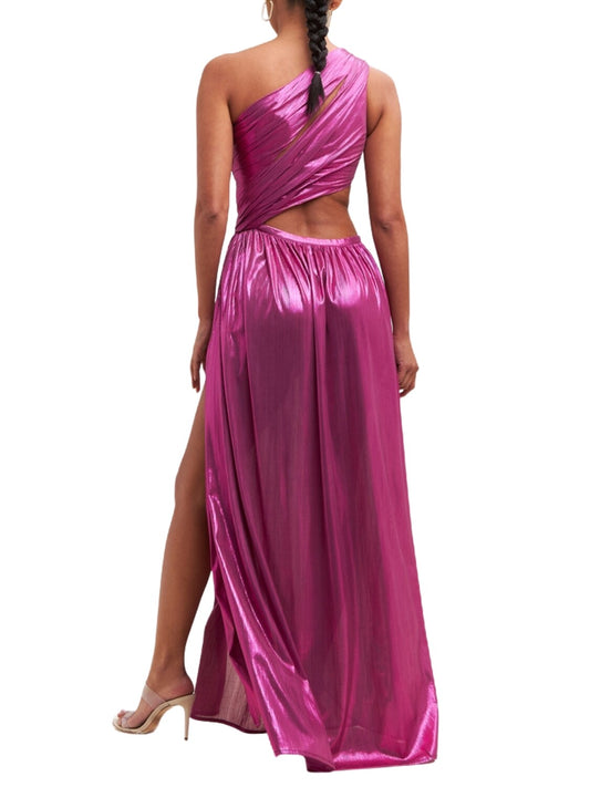 Vestido largo metalico de un hombro con costado descubierto