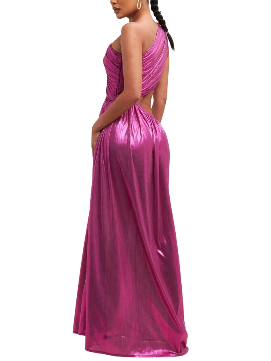 Vestido largo metalico de un hombro con costado descubierto