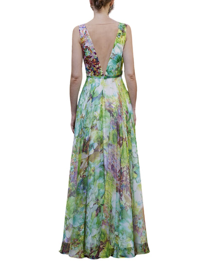 Vestido largo sin mangas con flores 3D