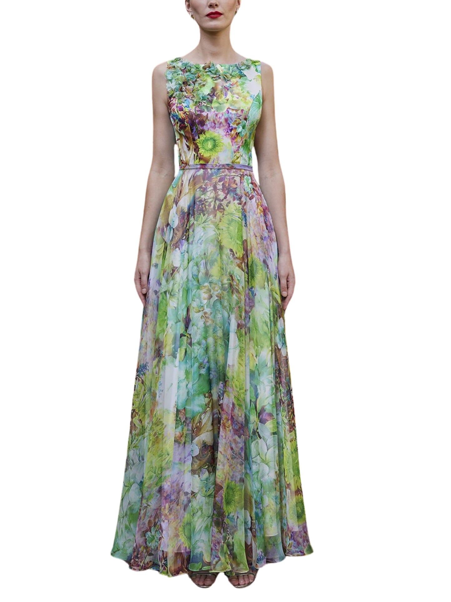 Vestido largo sin mangas con flores 3D