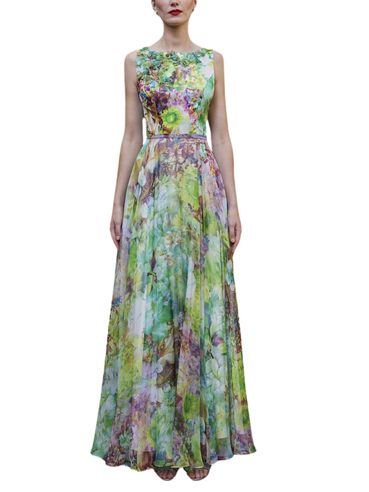 Vestido largo sin mangas con flores 3D
