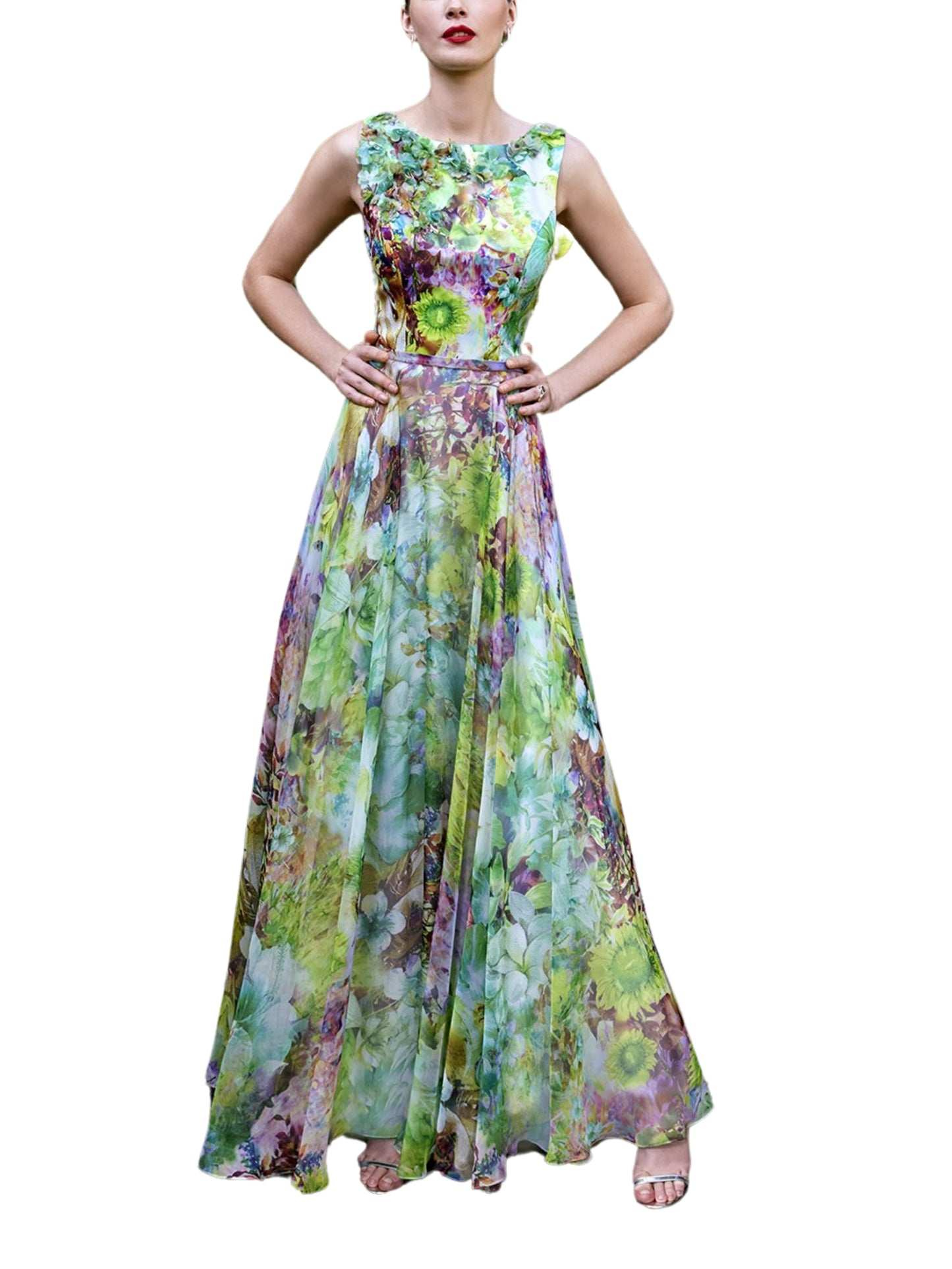 Vestido largo sin mangas con flores 3D
