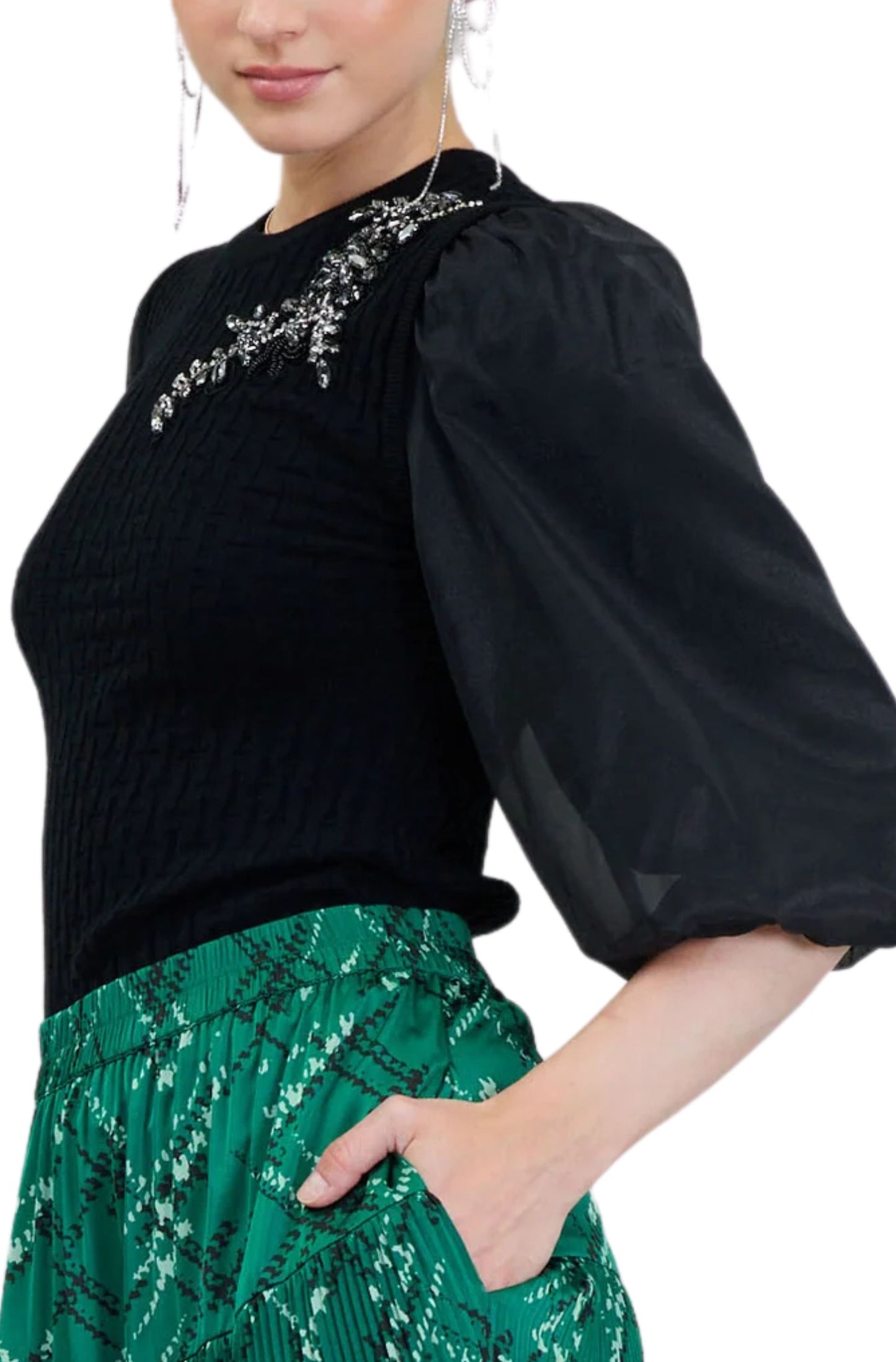 Sweater de manga globo con broche