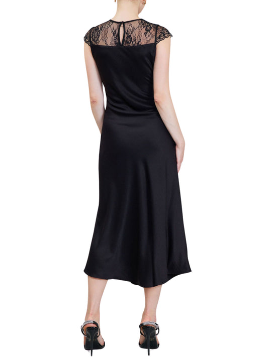 Vestido midi de manga corta en satin con encaje