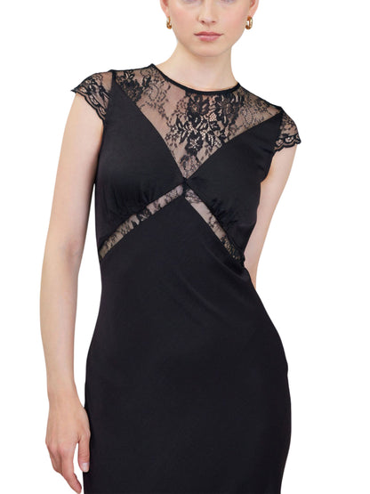 Vestido midi de manga corta en satin con encaje