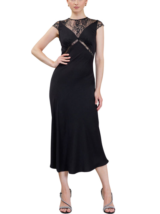 Vestido midi de manga corta en satin con encaje