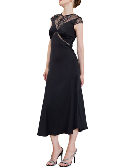 Vestido midi de manga corta en satin con encaje