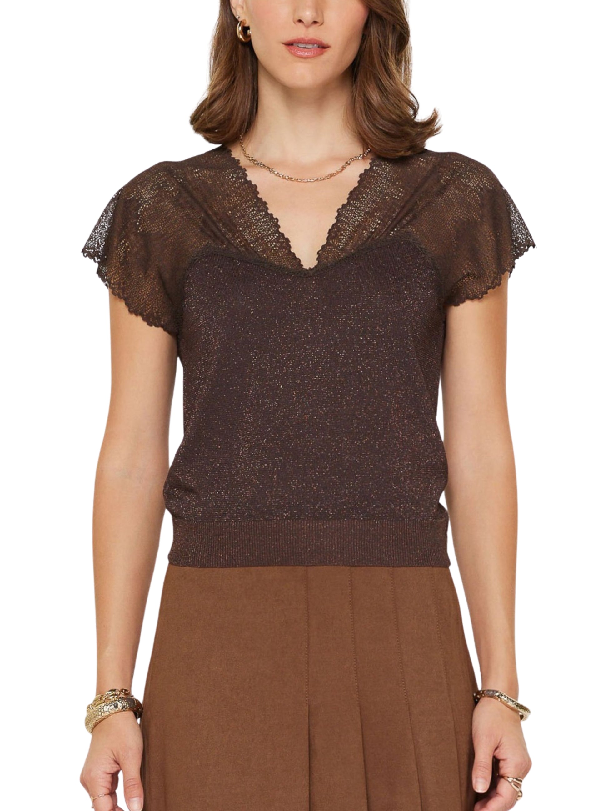 Blusa De Punto Metálico Con Cuello En V.