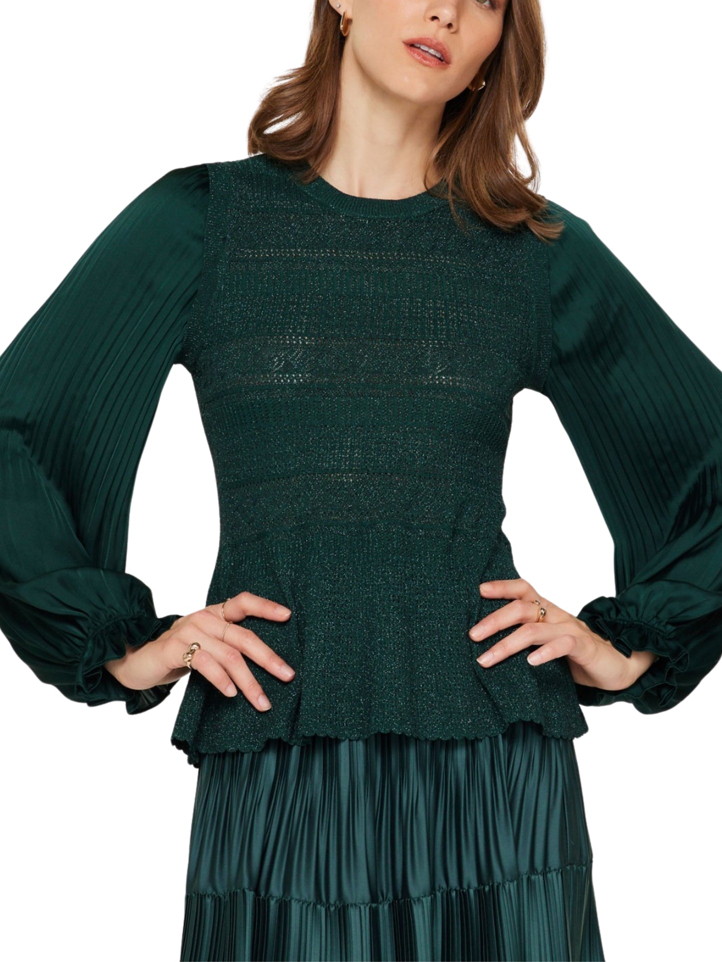 Blusa de punto metálico con mangas plisadas verde Escorpio Boutique