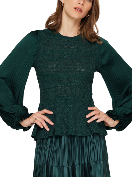 Blusa de punto metálico con mangas plisadas verde Escorpio Boutique
