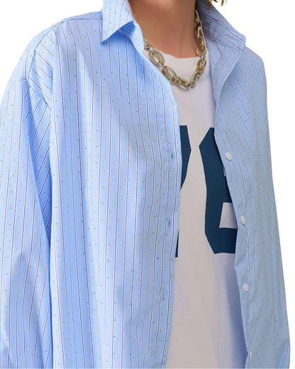 Camisa Azul Rayas con Cristales Detalle