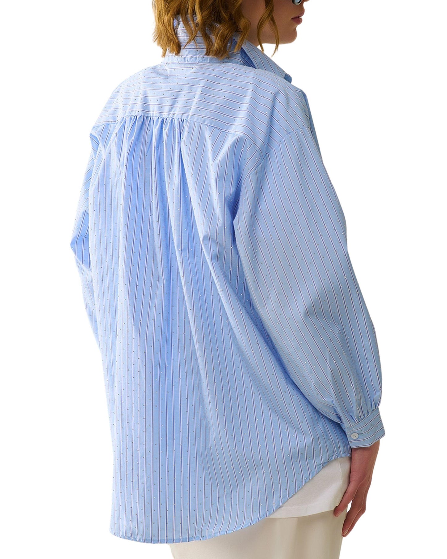 Camisa Azul Rayas con Cristales Espalda
