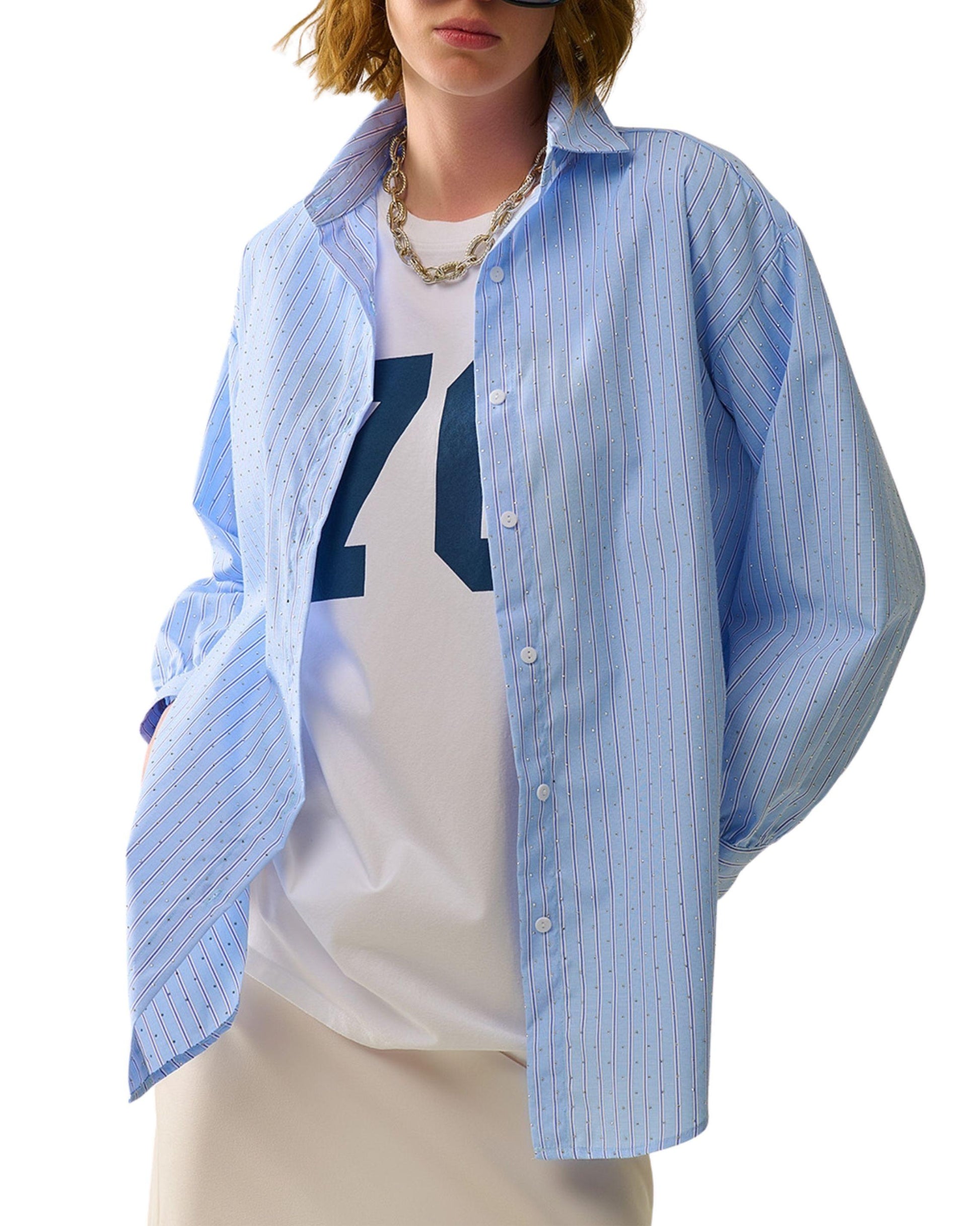 Camisa Azul Rayas con Cristales Frente